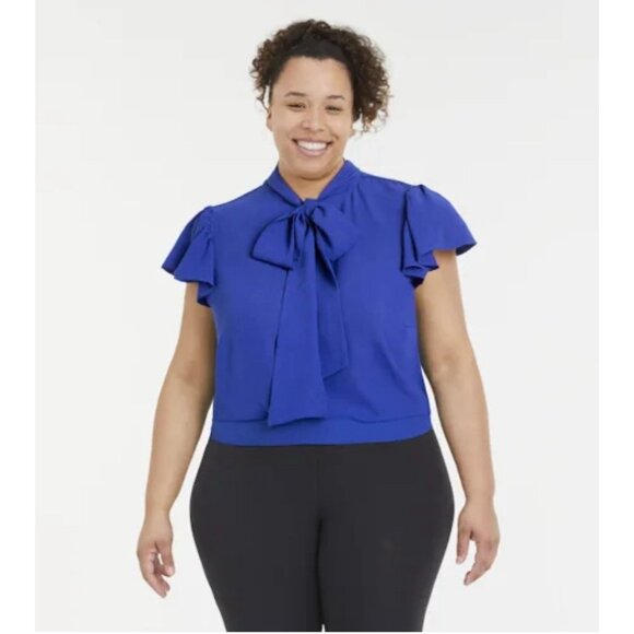 ELOQUII Womens Royal Blue Flutter Sleeve Sheer Tie Neck Blouse Plus Size 24 - Picture 1 of 6